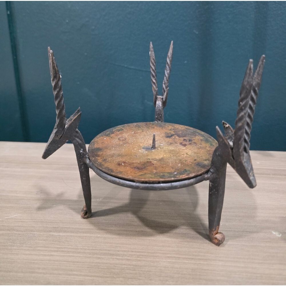 Vintage Antelope Gazelle Design Forged Iron Rusted Pillar Candle Holder